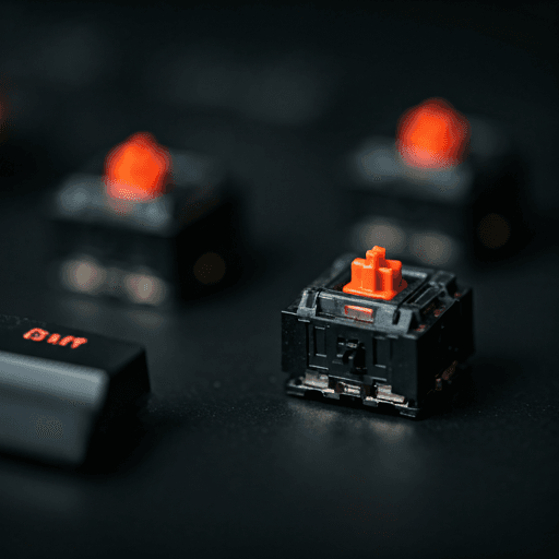 Close-up of mechanical keyboard switches with a warm orange key stem against a dark background.